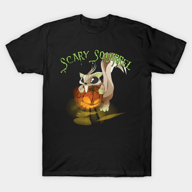 Scary Squirrel with Lighted Pumpkin Halloween Design T-Shirt by rubythesquirrel